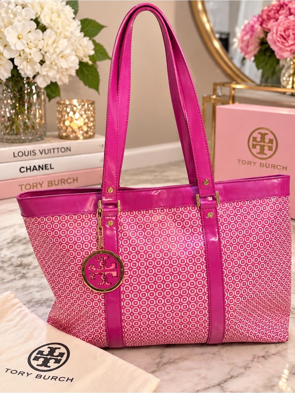 Tory Burch Hot Pink Patterned Tote with Gold Logo Charm